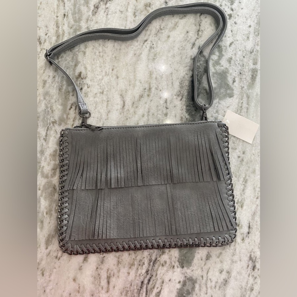 New Gray Fringe Crossbody Bag 10" x 7"
